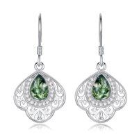 wholesale 925 Sterling Silver Green Moss Agate Teardrop Dangle Earrings with CZ Accents-Moss Agate Filigree