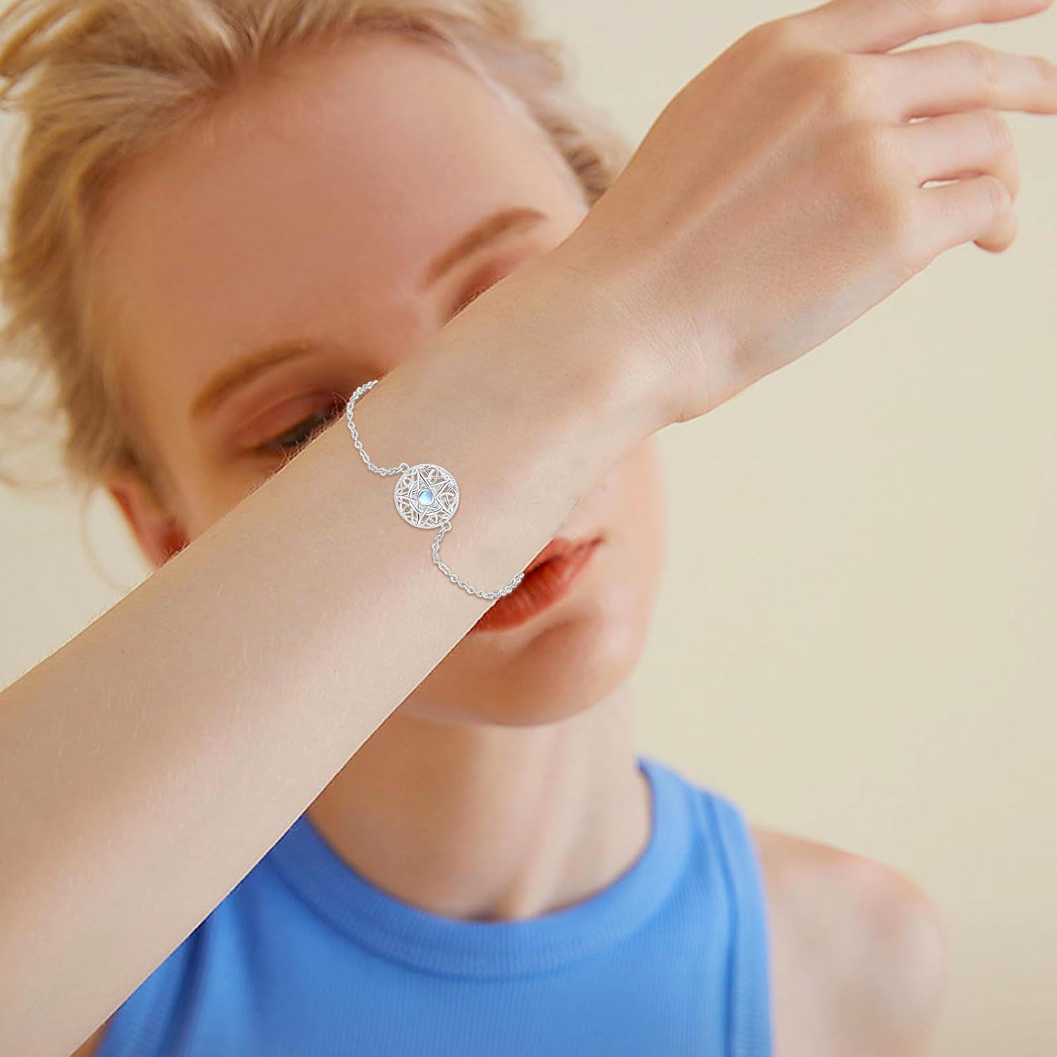 wholesale 925 Sterling Silver Round Celtic Knot Moonstone Adjustable Bracelet - Irish  for Women-0-2