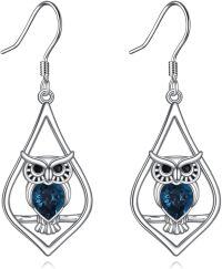 wholesale 925 Sterling Silver Owl Teardrop Dangle Earrings with Blue Crystal for Women Gothic  4cm Long-05-owl