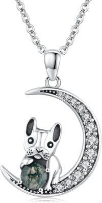 wholesale 925 Sterling Silver French Bulldog Moon Pendant Necklaces for Women Girls -B01 - French Bulldog (Moss Agate)