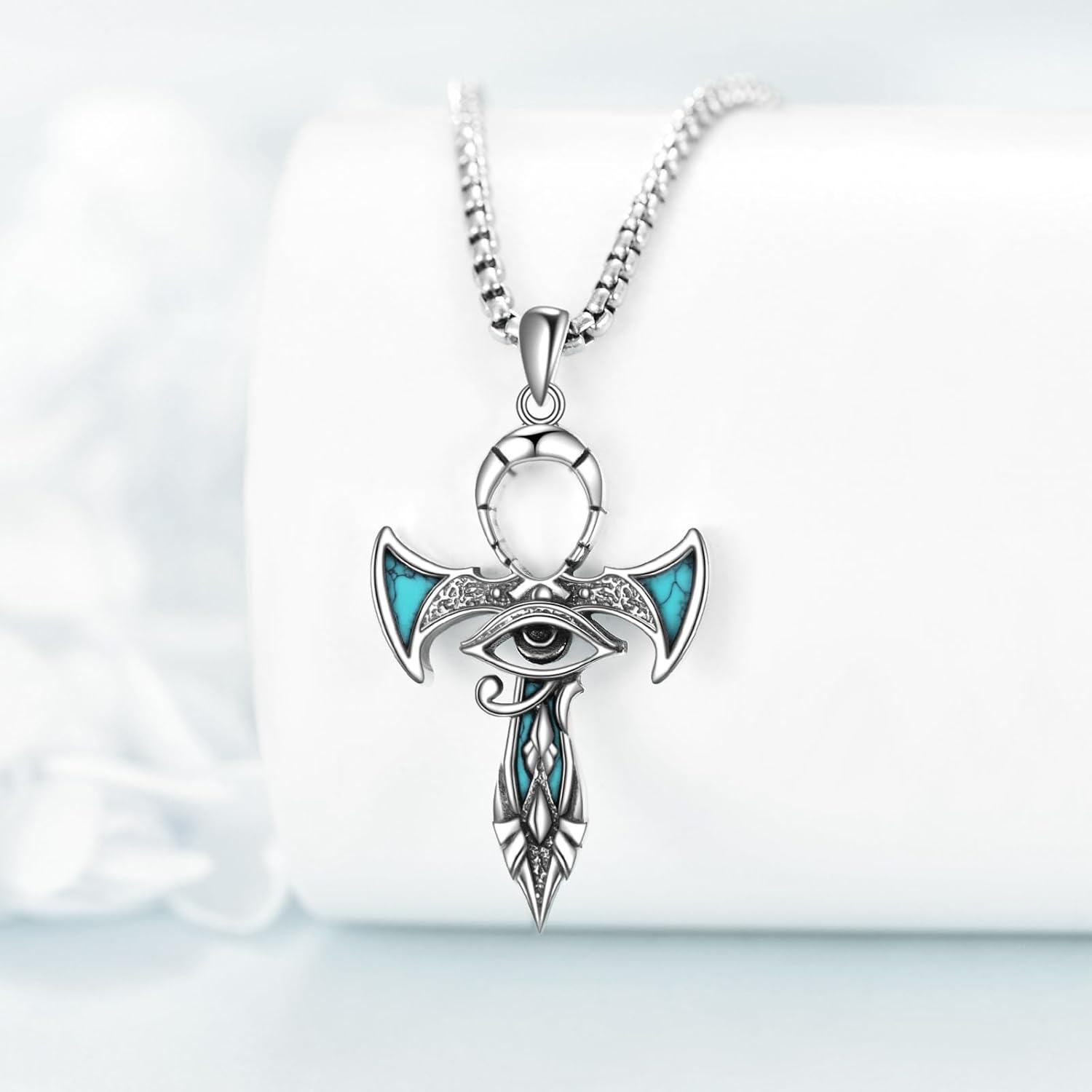 wholesale 925 Sterling Silver Turquoise Eye of Horus Cross Pendant Necklaces for Women Men Egyptian  45cm Chain Length-0-1