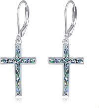 wholesale 925 Sterling Silver Cross Earrings with Abalone Shell Inlay for Women s-Silver filigree cross earrings