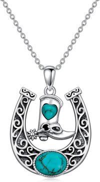 wholesale Sterling Silver Natural Turquoise Vintage Horseshoe Pendant Necklace 18+2 Chain Women s Birthday Gift-Horseshoe-D
