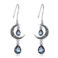 wholesale 925 Sterling Silver Crescent Moon Drop Earrings with Garnet and Red Crystal Accents-Rainbow Topaz