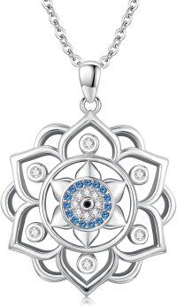 wholesale 925 Sterling Silver Blue Crystal Evil Eye Lotus Flower Mandala Pendant Necklace-Evil Eye