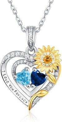 wholesale Sterling Silver 2 Birthstones Sunflower Heart Necklace for Women-03-09-Mar-Sept