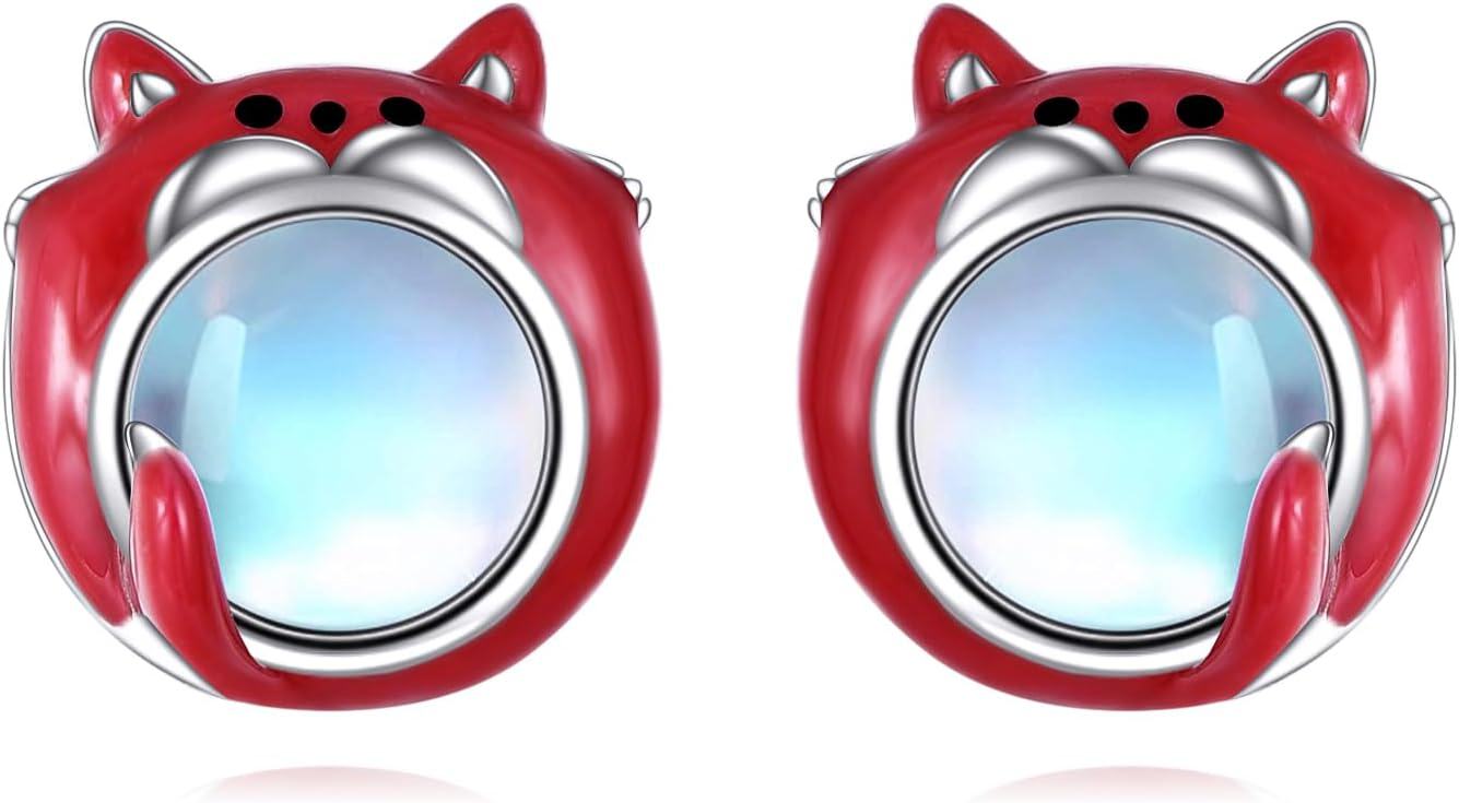 Sterling Silver Moonstone Cat Panda Fox Cow Owl Stud Earrings for Women-0-0