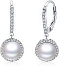wholesale Sterling Silver Zircon & Pearl Dangle Earrings for Women, 25mm White Pearls, Nickel-Free, Elegant Gift for Christmas, Birthday, Anniversary-0-0