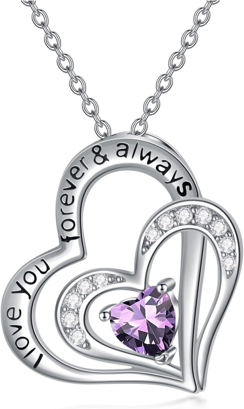 Sterling Silver CZ Heart Birthstone Necklace for Women Anniversary Gift-2-February