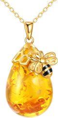 wholesale 925 Sterling Silver Honeycomb & Bee Design Amber Teardrop Pendant Necklace for Women-0-0