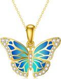 wholesale 14K Gold Blue Enamel Butterfly Pendant Necklace with Cubic Zirconia Stones - 17 Inches Chain Length-0-0