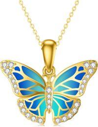 wholesale 14K Gold Blue Enamel Butterfly Pendant Necklace with Cubic Zirconia Stones - 17 Inches Chain Length-Gold-style 2