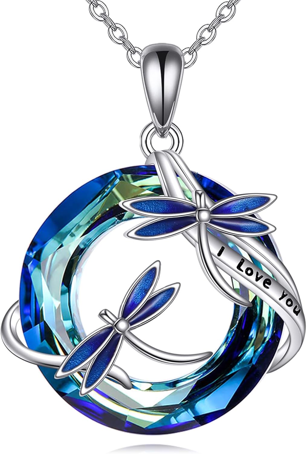 wholesale 925 Sterling Silver Blue Crystal Dragonfly Pendant Necklace with I Love You Inscription - Gifts for Her-0-0