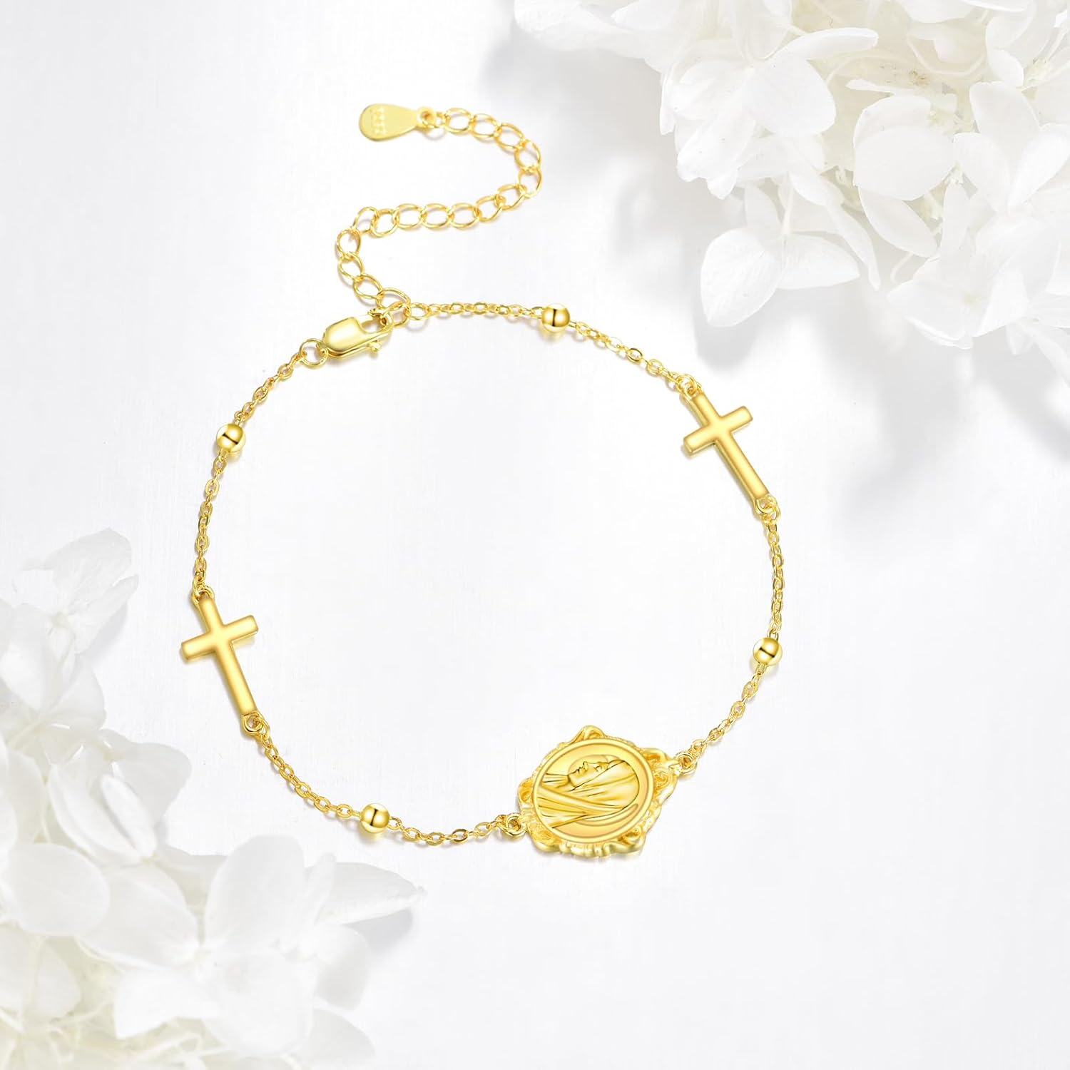wholesale Gold 925 Sterling Silver Cross Virgin Mary Adjustable Bracelet -0-2
