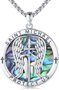 wholesale 925 Sterling Silver Saint Michael Protect Us Cross Angel Wing Pendant Necklace for Men Women Catholic  48cm Chain Length-St Michael-Abalone