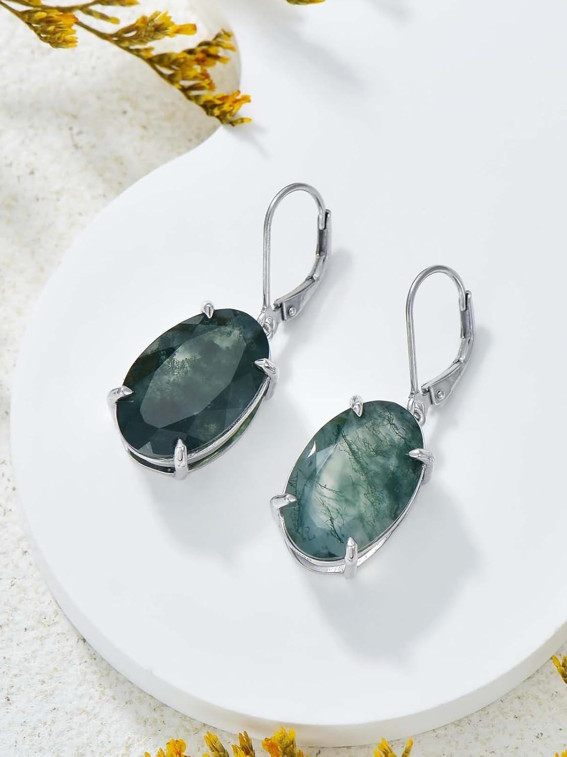 Sterling Silver Moss Agate Dangle Earrings for Women-0-3