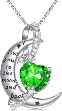 wholesale 925 Sterling Silver Birthstone Love You to the Moon Heart Necklace-05-May-Emerald