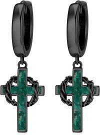 wholesale 925 Sterling Silver Green Stone Cross & Crown Of Thorns Hoop Earrings For Men/Women-Malachite-Black