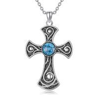 wholesale 925 Sterling Silver Cross Turquoise Stone Pendant Necklace for Women Men  48cm Chain Length-Cross