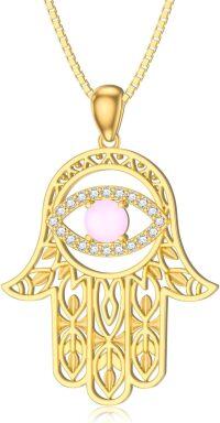 wholesale 18K Gold Plated Evil Eye Hamsa Necklace with Natural Gemstone-Ruby