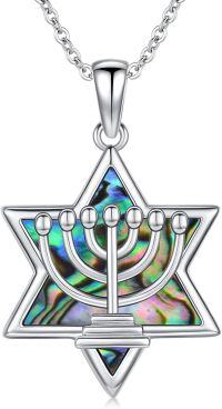 wholesale 925 Sterling Silver Hanukkah Star of David Pendant Necklace with Abalone Shell Inlay Jewellery for Women and Men-Menorah