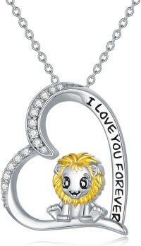 wholesale 925 Sterling Silver Lion Heart Pendant Necklace with Cubic Zirconia and Engraved Message I Love You Forever for Women-Lion