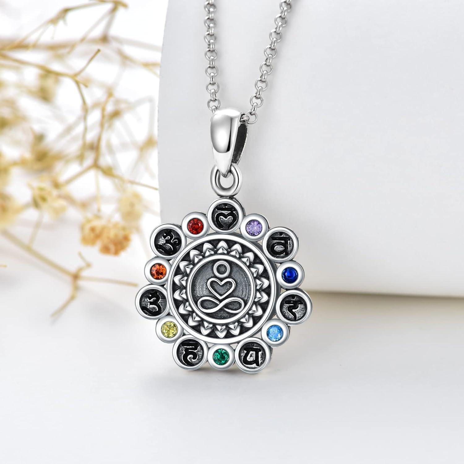 925 Sterling Silver Multi-Color Crystal Chakra Urn Pendant Necklace for Ashes Keepsake Jewelry-0-1