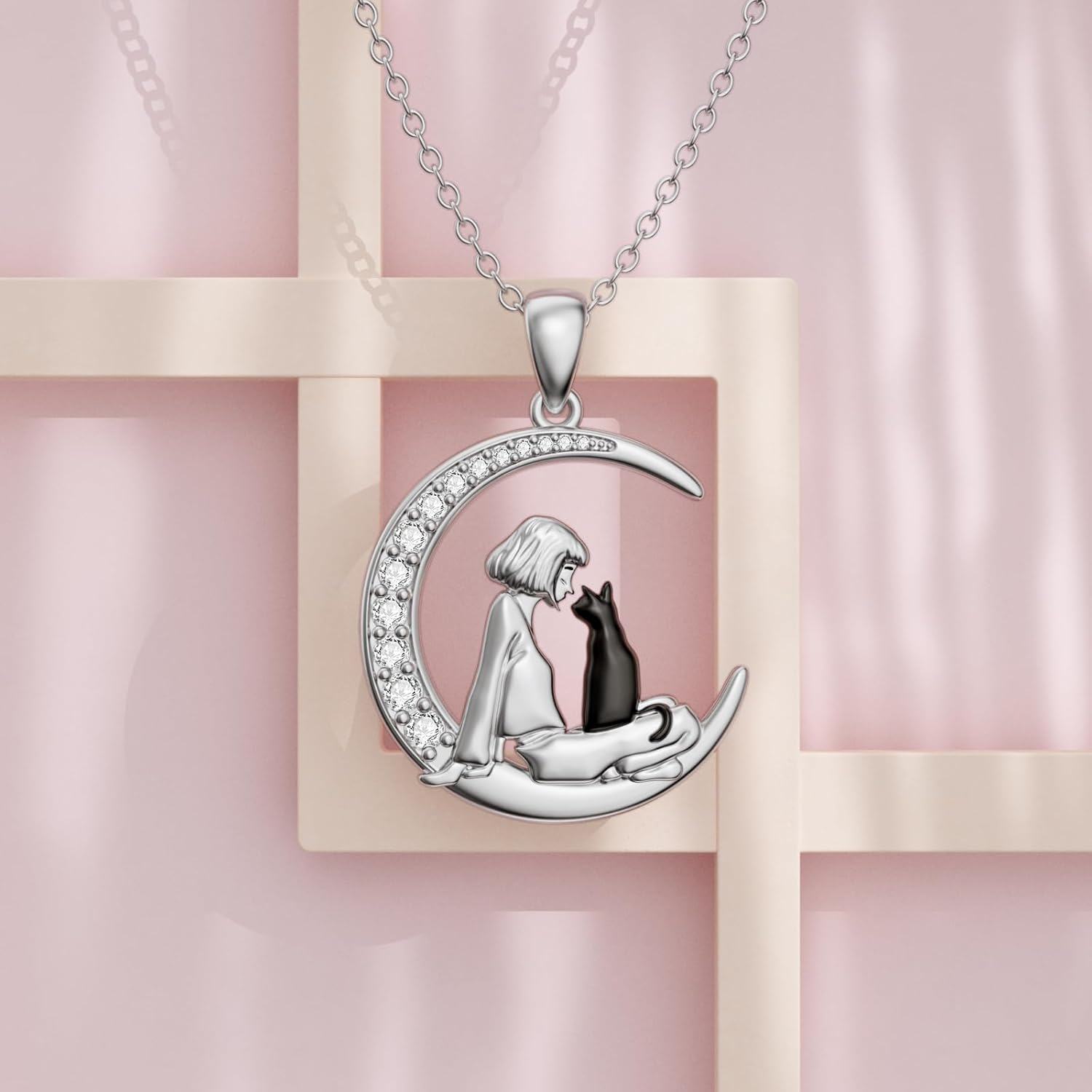 925 Sterling Silver Moon & Girl with Black Cat Pendant Necklace for Women-0-3