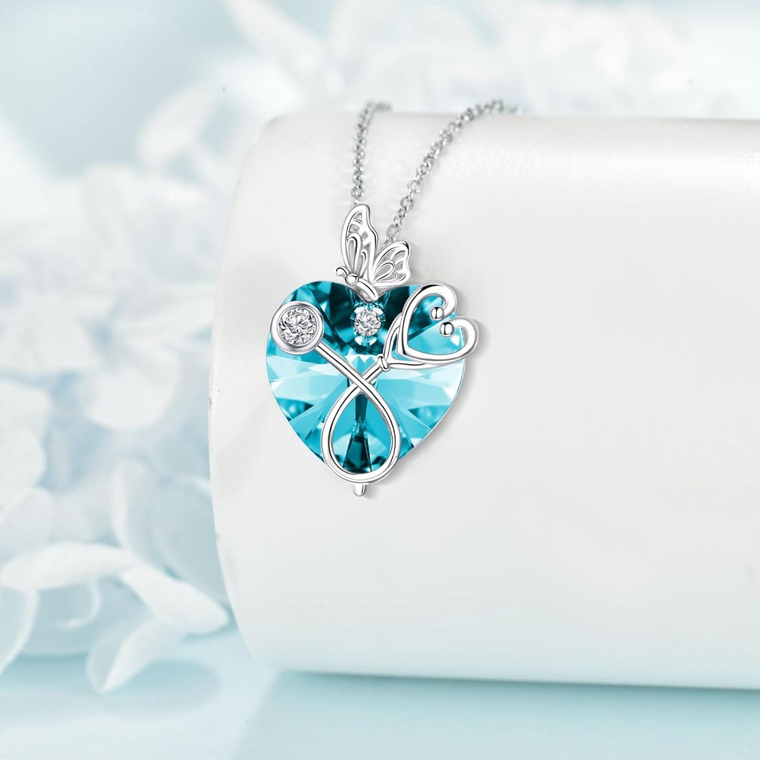 925 Sterling Silver Blue Crystal Butterfly Heart Stethoscope Pendant Necklace for Nurses Doctors Gifts-0-1