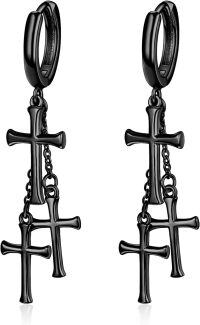 wholesale 925 Sterling Silver and Black Gold Plated Cross Dangle Huggie Earrings for Men & Women-Cross Earrings-Black