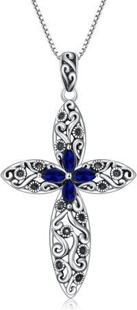 wholesale Sterling Silver 12 Birthstone Faith Cross Pendant Necklace for Women-Sapphire