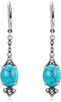 wholesale 925 Sterling Silver 9mm Oval Birthstone Vintage Leverback Dangle Drop Earrings-Turquoise