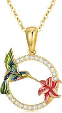wholesale 14K Gold Enamel Flower and Hummingbird Pendant Necklace with Cubic Zirconia Accents-Hummingbird Necklace