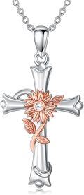 wholesale 925 Sterling Silver Rose Gold Plated Sunflower Cross Pendant Necklace for Women-0-0
