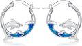 wholesale 925 Sterling Silver Blue Enamel Dolphin Ocean Wave Huggie Hoop Earrings-0-0