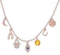 wholesale 925 Sterling Silver Multi Charm Good Luck Jewelry Set with Moon Wishbone Evil Eye and More - 4-Leaf Clover & Horseshoe Pendants for Women (Rose Gold)-7 Lucky Wishing
