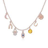 wholesale 925 Sterling Silver Lucky Charm Necklace With Crescent Moon Hamsa Eye Amber Yellow Crystal Rose Gold Plated Pendant-7 Lucky Wishing