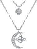 wholesale 925 Sterling Silver Crescent Moon & Saturn Planet Pendant Necklace Universe Jewelry for Women and Girls-0-0
