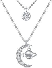 wholesale 925 Sterling Silver Crescent Moon & Saturn Planet Pendant Necklace Universe Jewelry for Women and Girls-Saturn Moissanite