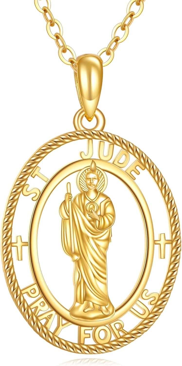  14K Solid Gold Religious Protector Pendant Necklace Jewelry Gift -Saint Jude