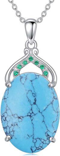 wholesale 925 Sterling Silver Natural Turquoise Stone Teardrop Shape Pendant Necklace for Women Girls Gifts Vintage Bohemian Style Jewelry 43cm Chain Length-Oval 1