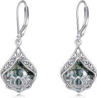 wholesale Sterling Silver Lotus Earrings with Moonstone Amber Onyx Lapis Larimar Rose Quartz Moss Agate-Lotus Moss Agate Earrings-May.