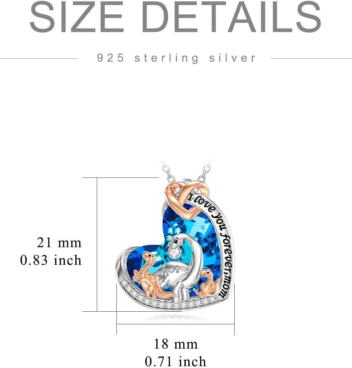925 Sterling Silver I Love You Forever Heart Pendant w/ Blue Crystal & Dinosaurs - Gift for Mom-0-4