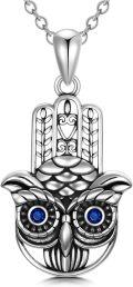 wholesale 925 Sterling Silver Owl and Hamsa Pendant with Blue Eyes on Chain-0-0