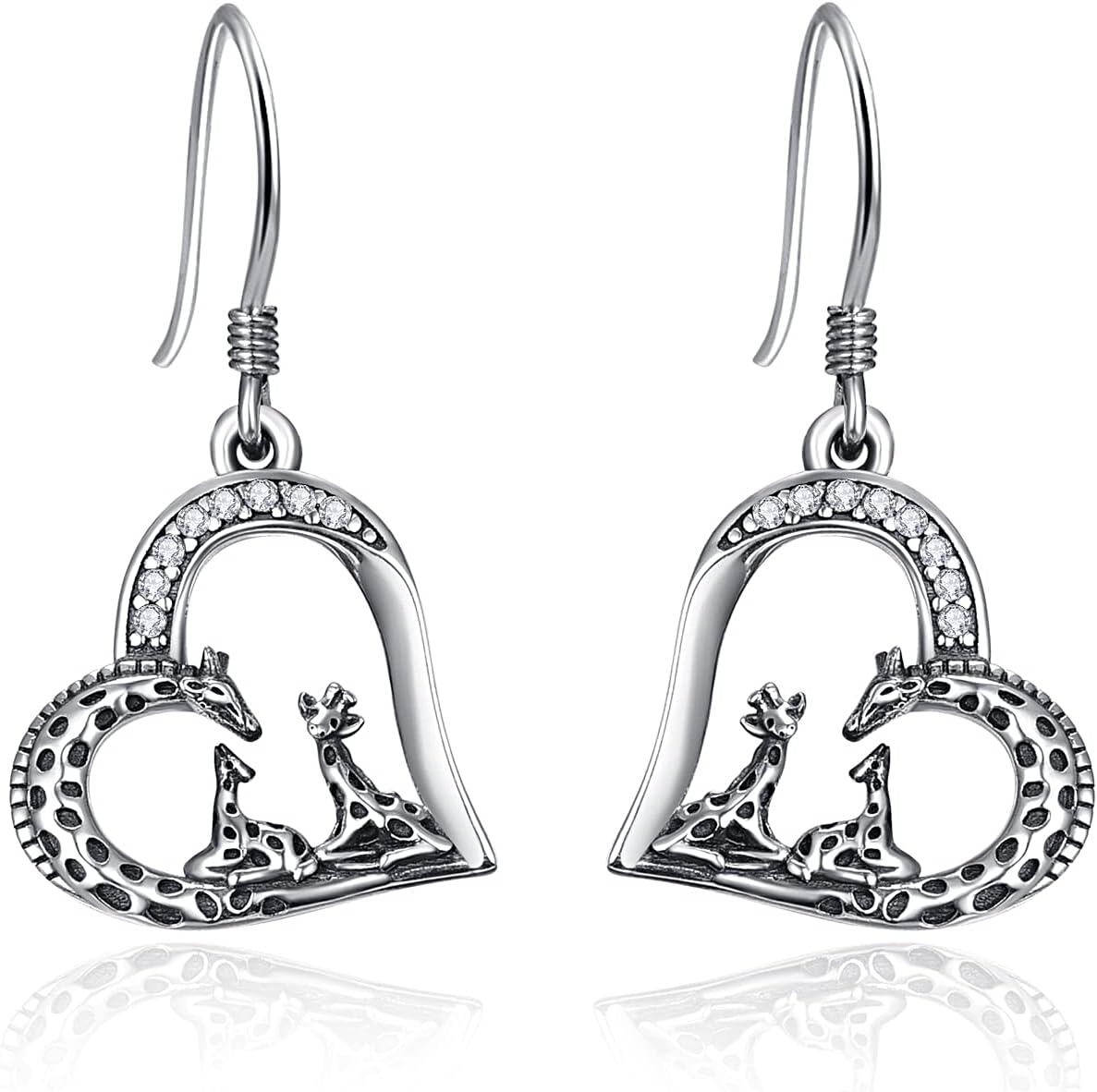 925 Sterling Silver Heart-Shaped Giraffe Family Dangle Drop Earrings for Women Gifts-0-0