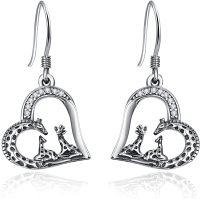 wholesale 925 Sterling Silver Heart-Shaped Giraffe Family Dangle Drop Earrings for Women Gifts-Oxidized Silver