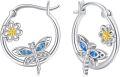 wholesale 925 Sterling Silver Dragonfly Flower Leverback Hoop Earrings with Blue and Yellow Stones-0-0