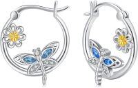 wholesale 925 Sterling Silver Dragonfly Flower Leverback Hoop Earrings with Blue and Yellow Stones-Dragonfly