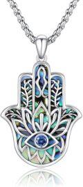 wholesale 925 Sterling Silver Abalone Shell Hamsa Evil Eye Pendant Necklace-0-0