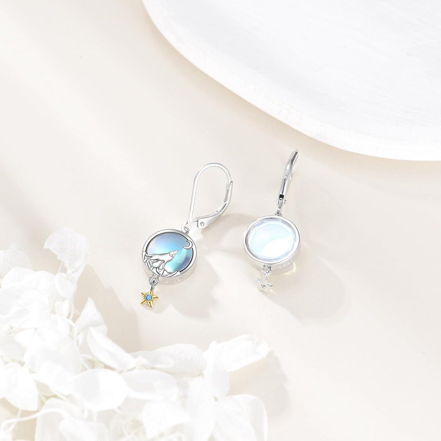 Sterling Silver Moonstone Fox Wolf Hummingbird Dangle Earrings for Women -0-5